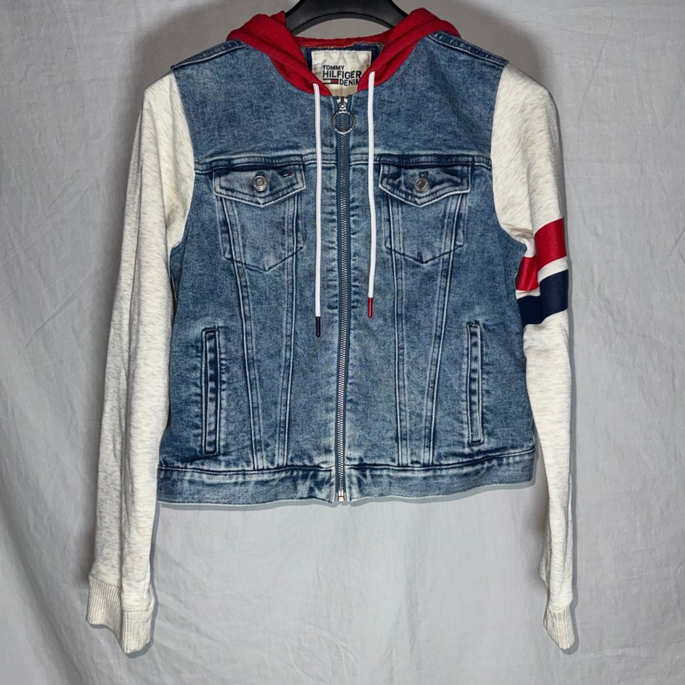 Tommy Hilfiger Cropped Denim Womens Hybrid Hoodie‎ Denim Jacket Blue Red Small